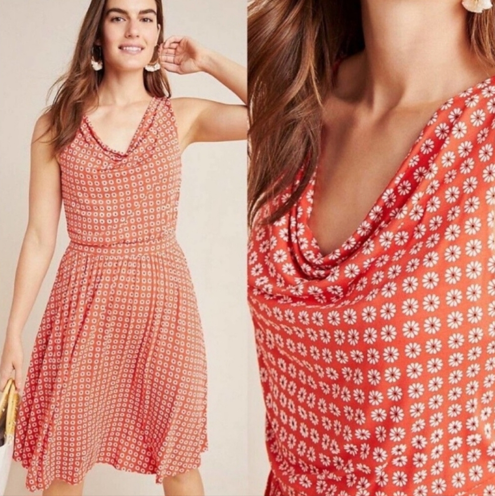 Anthropologie Maeve Brianne Orange Cowl Neck Floral Dress XS